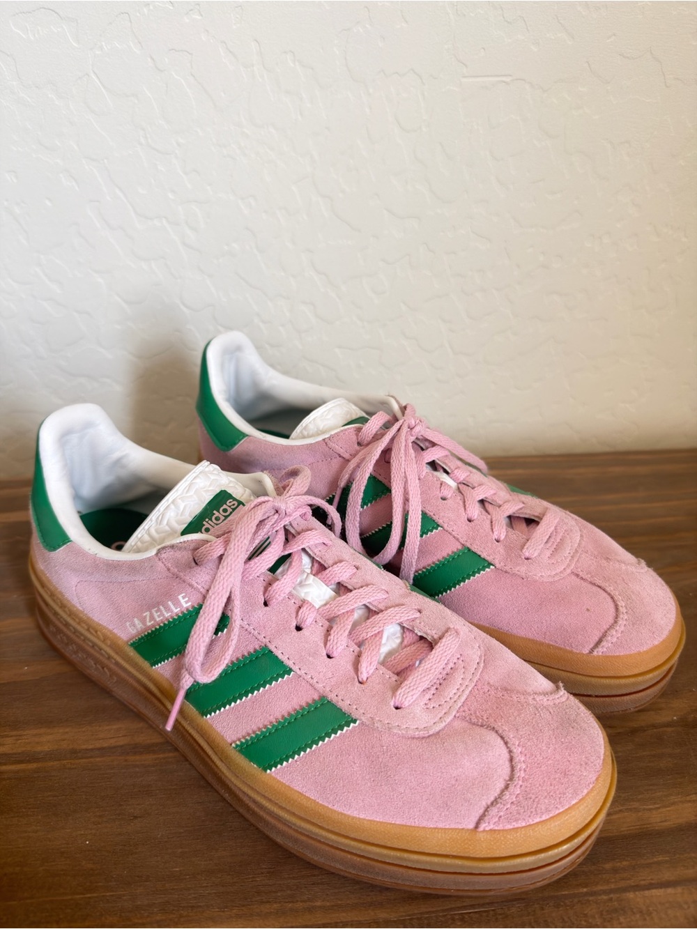 adidas Pink Suede Gazelle Sneakers with Green Stripes and Gum Sole